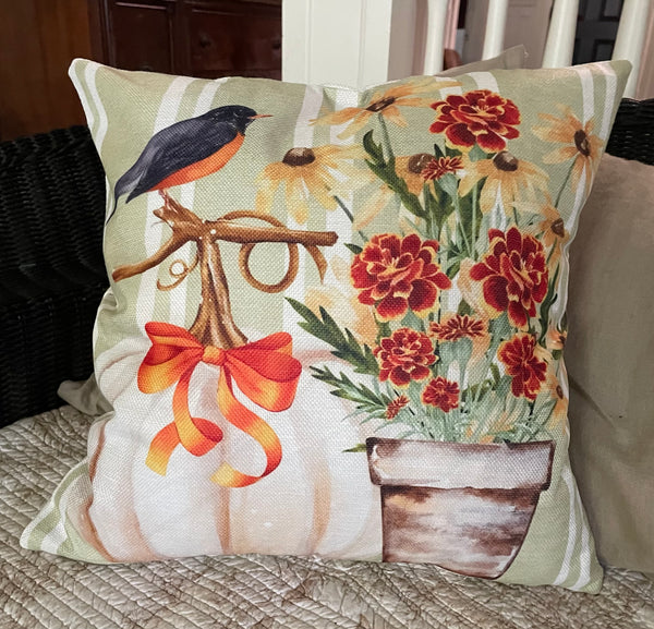 Fall robin with marigolds