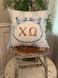 Sorority Chi Omega Dorm room blue pillow cover original design watercolor letters